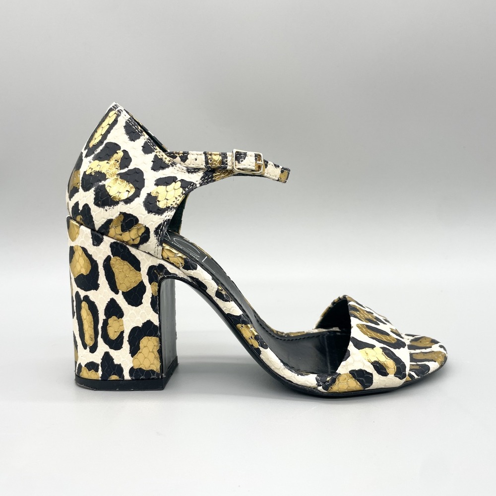 AGL Womens 36 6 Leopard Print Gold Metallic Block Heel Sandals Shoe Glam Strappy